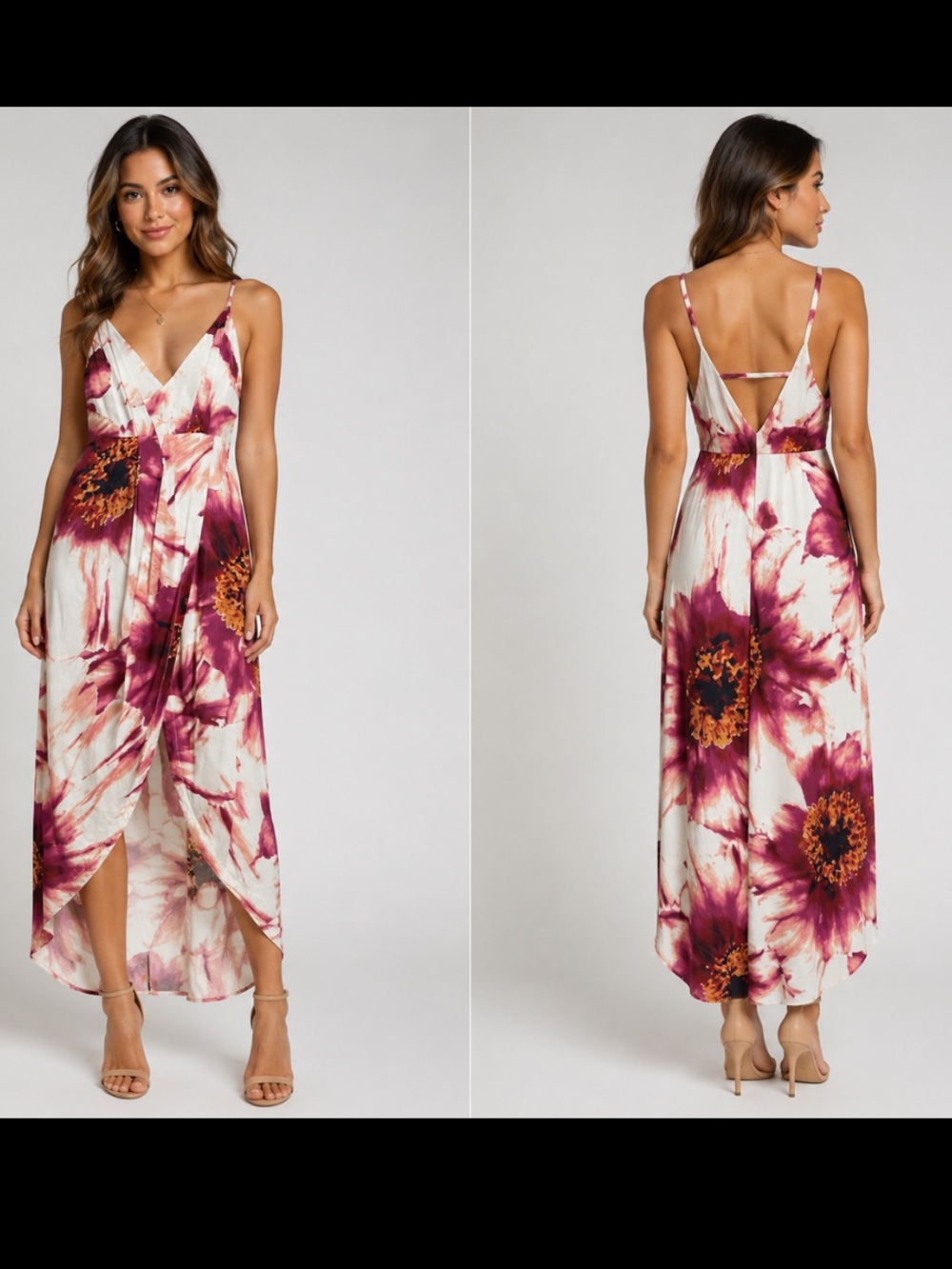 FREE PEOPLE cream, pink & maroon high  low dress Size 2